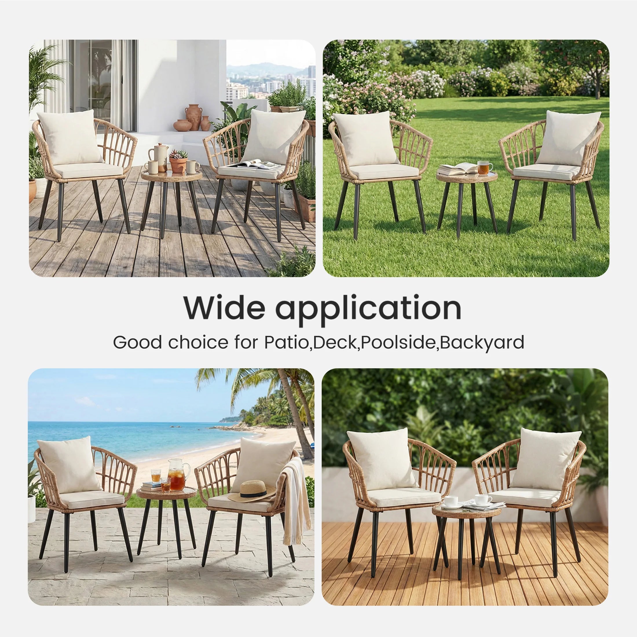3 Pieces Wicker Set Soft Cushion Glass Steel Frame Table