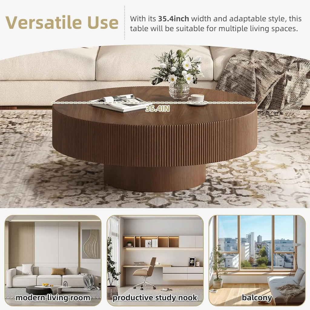 35.4IN Round Large Fluted Coffee Table, Sturdy Wood Base, Easy Assembly, Walnut