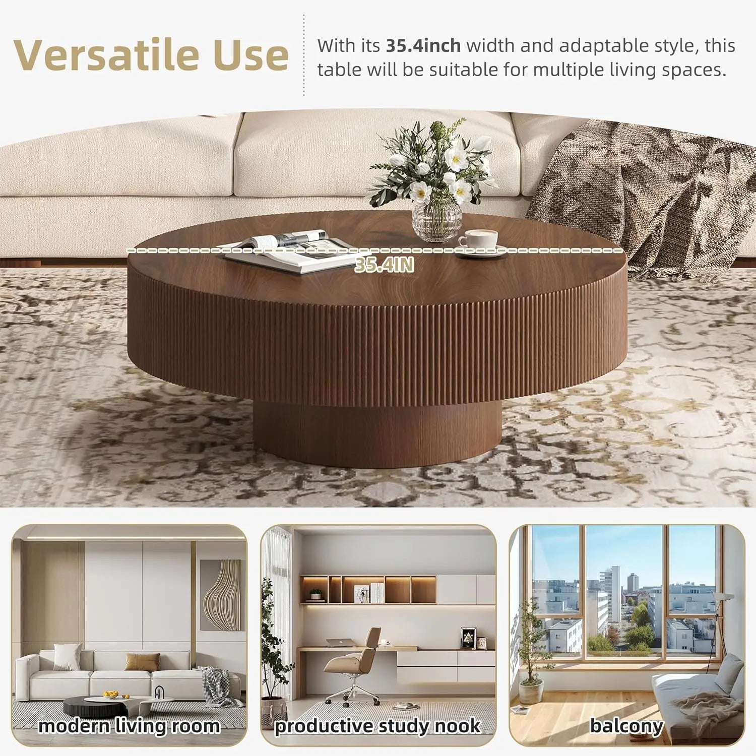 35.4IN Round Large Fluted Coffee Table, Sturdy Wood Base, Easy Assembly, Walnut