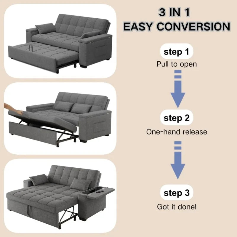 3-in-1 63.6'' Pull Out Couch w/Storage Armrests, Adjustable Backrest & Pocket