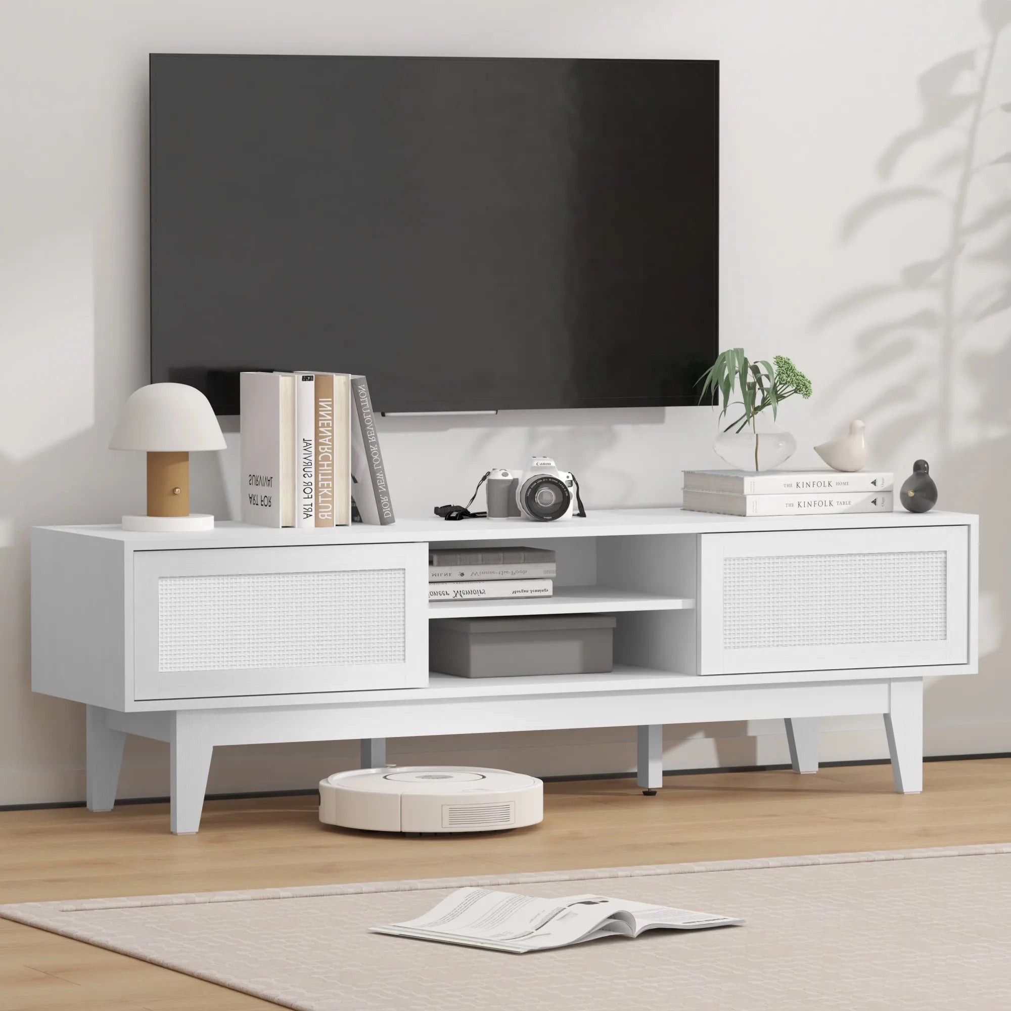 Entertainment Center for 55 65 Inch TV, Rattan, Shelves, Cabinets Sliding Doors