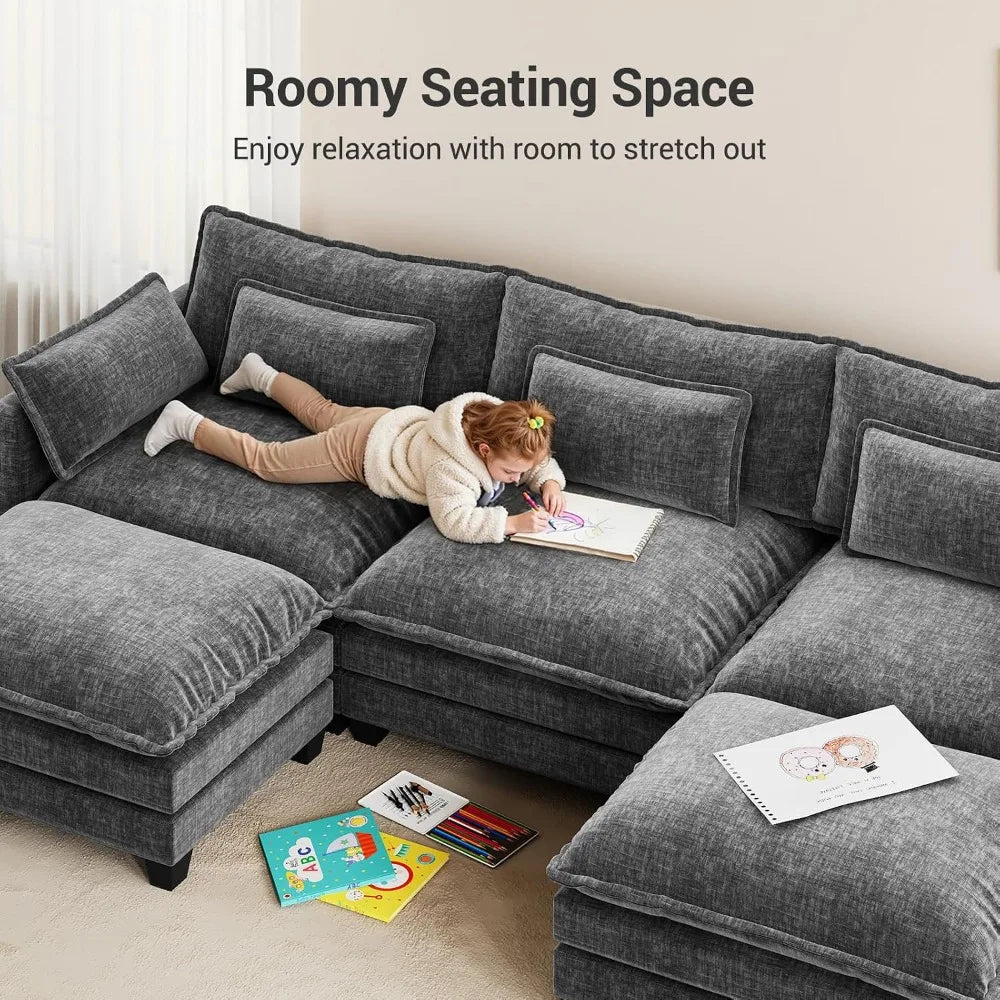 U-Shaped Modular Sectional, Movable Ottoman, 5-Seat Chenille Deep Seat Couch Pillows
