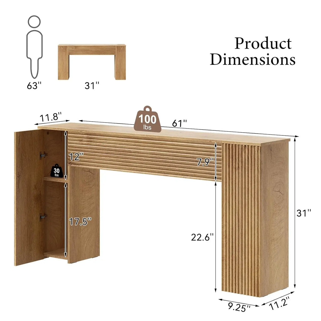61'' Fluted Console Wooden Rectangular Table, 2 Hidden Storage