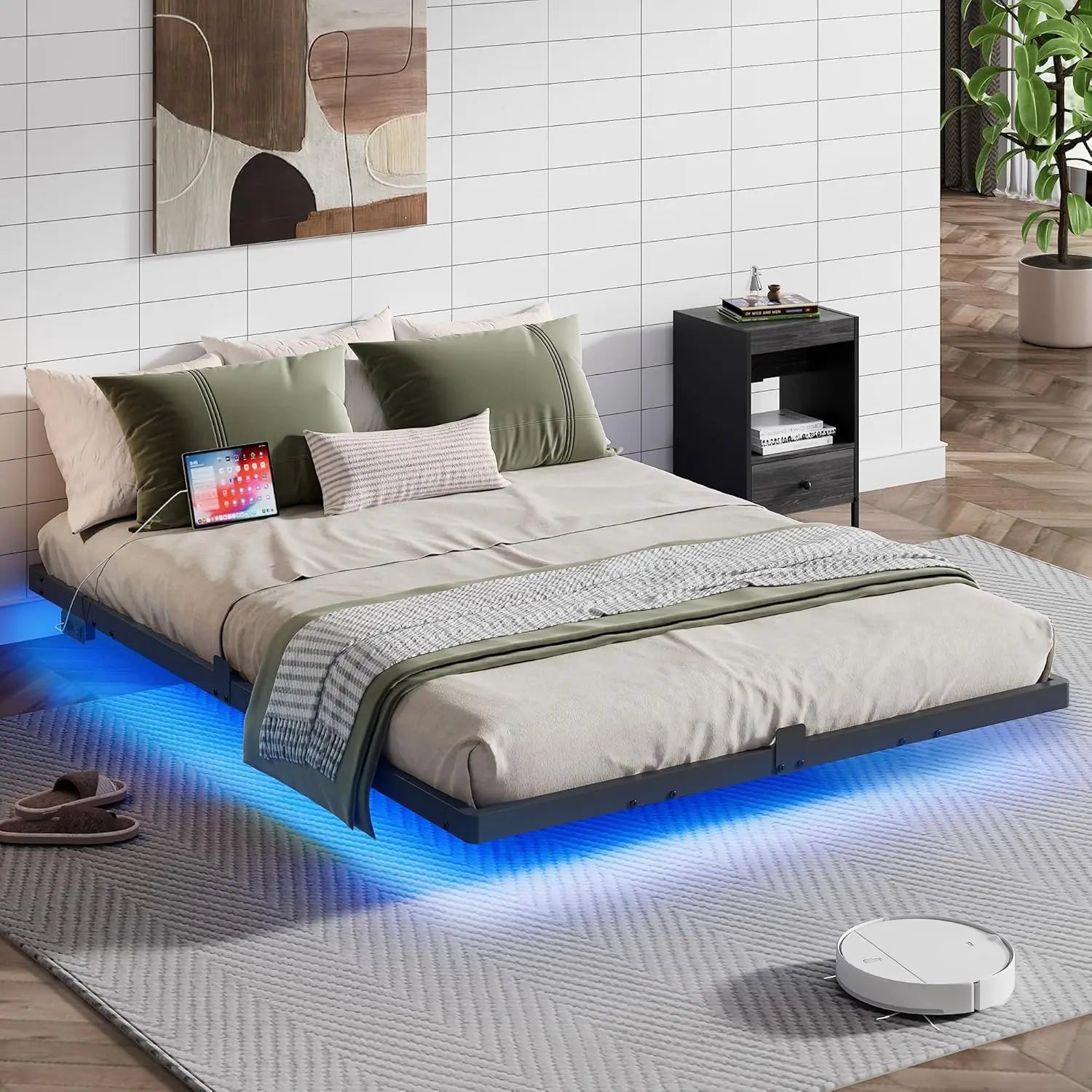 Floating Queen Bed Frame, 1500Lbs Heavy Duty Metal Platform LED Light Charging Station, No Box Spring