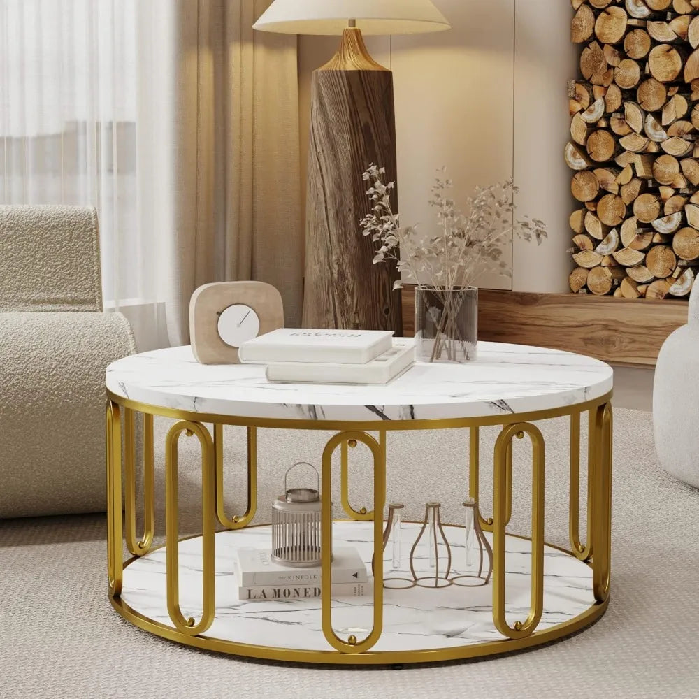 Wooden Marble Pattern Coffee Table, Round Open Storage, Golden Metal Legs