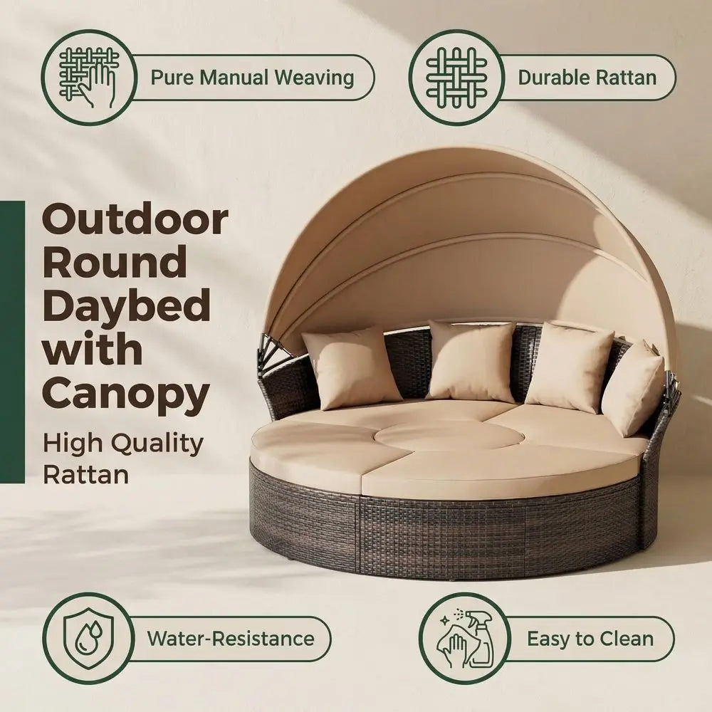 Wicker Rattan Sectional Round Sofa  5-PC w/Retractable Canopy