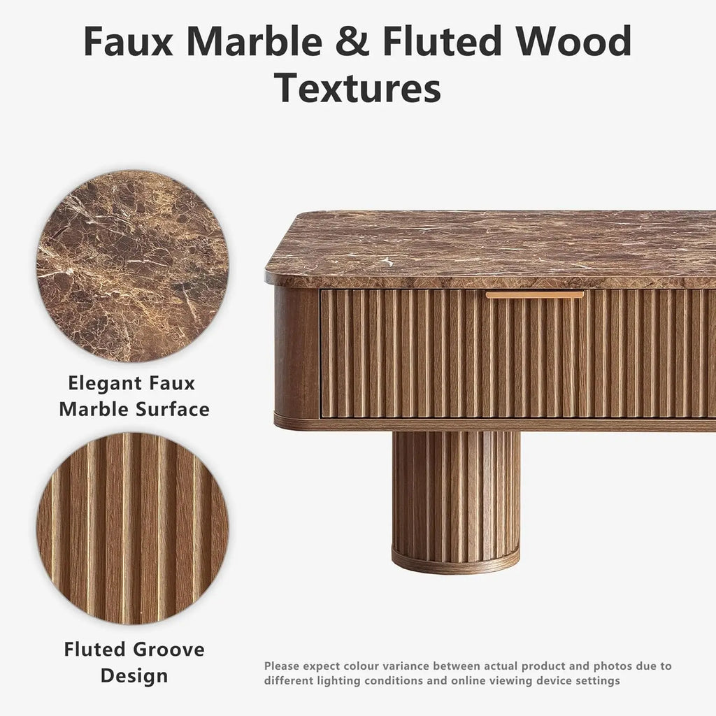 Fluted Coffee Table Storage, Faux Marble Top, Minimalist Rectangle Shape