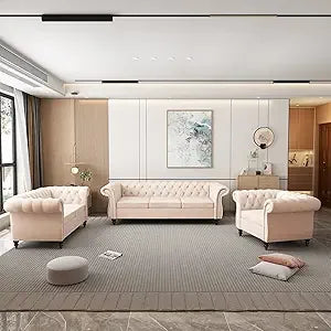 3-Piece Set, Velvet Chesterfield Sofa, Loveseat, Chair with Scroll Arms