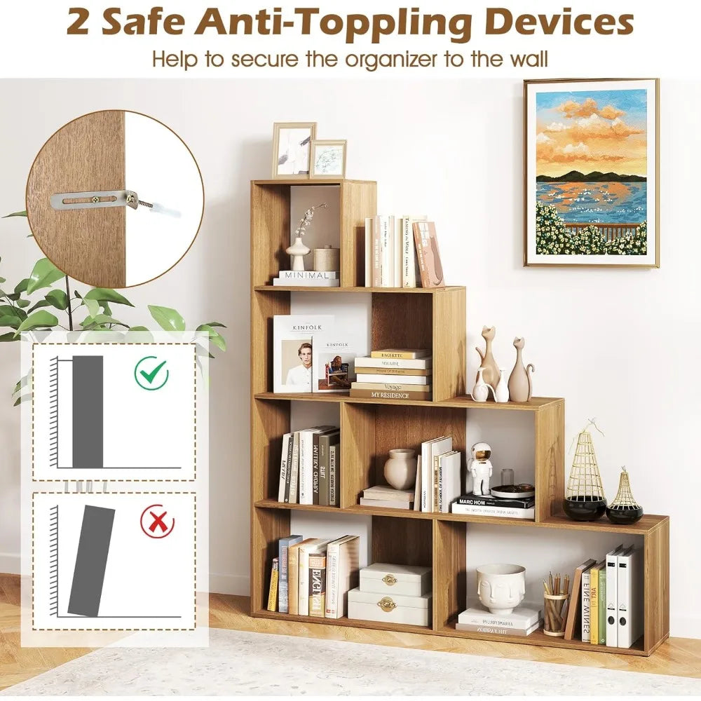 64" Tall, 4-Tier Step Bookshelf, 6 Cubes Ladder Anti-Tipping Kits