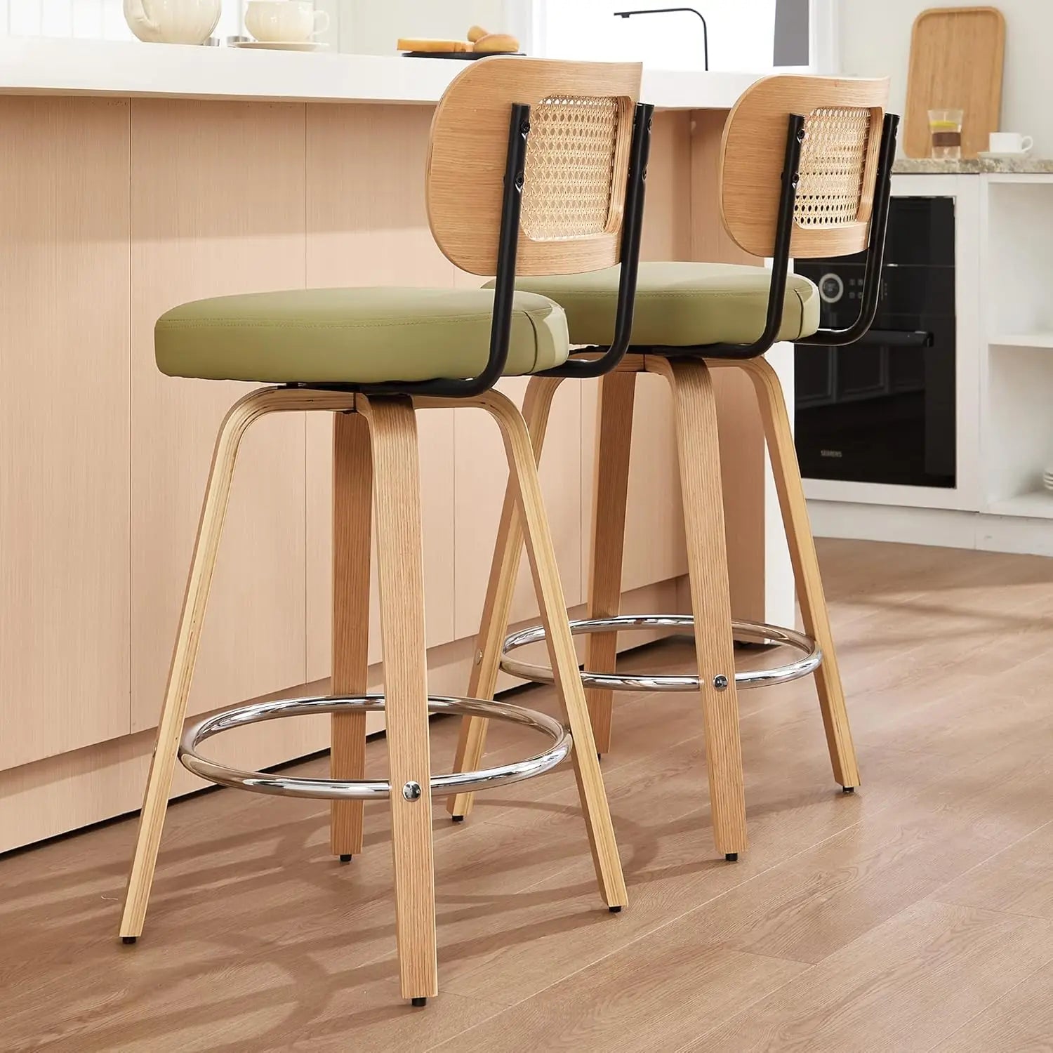 2 - Natural Rattan Bar Stools, Upholstered PU Leather