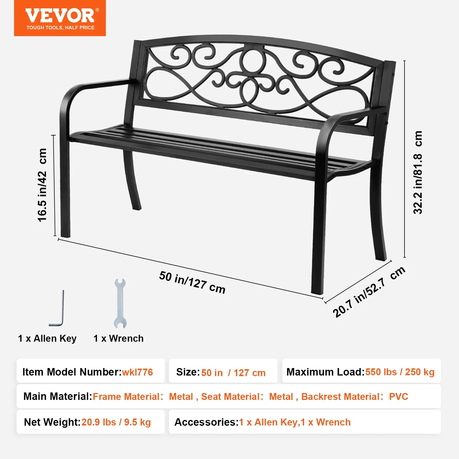 Outdoor Metal Garden Bench 480 lbs Load