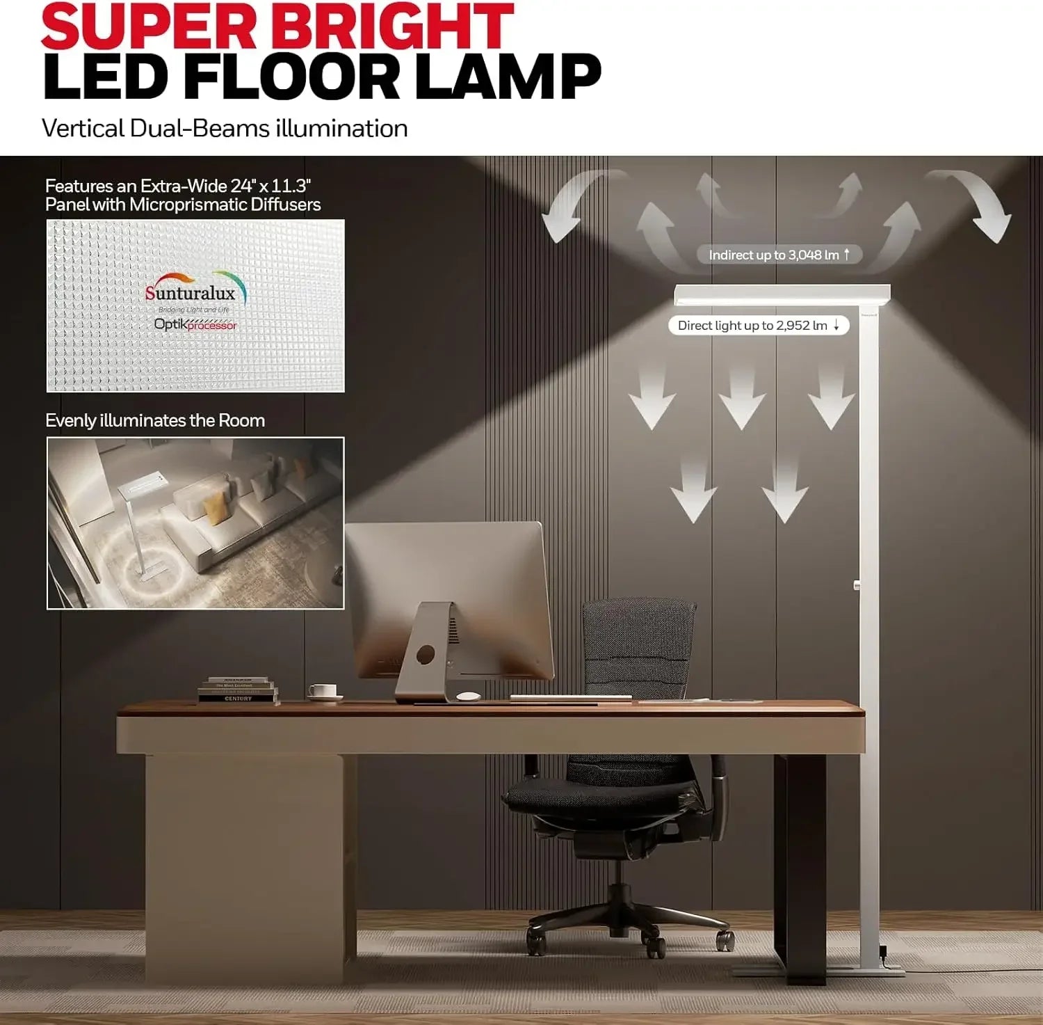 6000LM LED Floor Lamp, Eye-Caring Reading Standing Light,