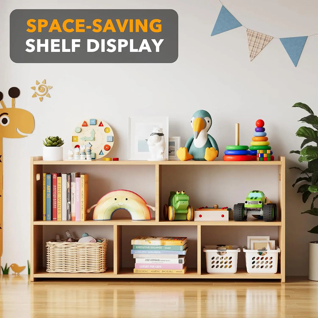 5-Compartment Bookshelf,  Montessori Bookcase Toy Storage, Natural Finish, 44.5" Wide