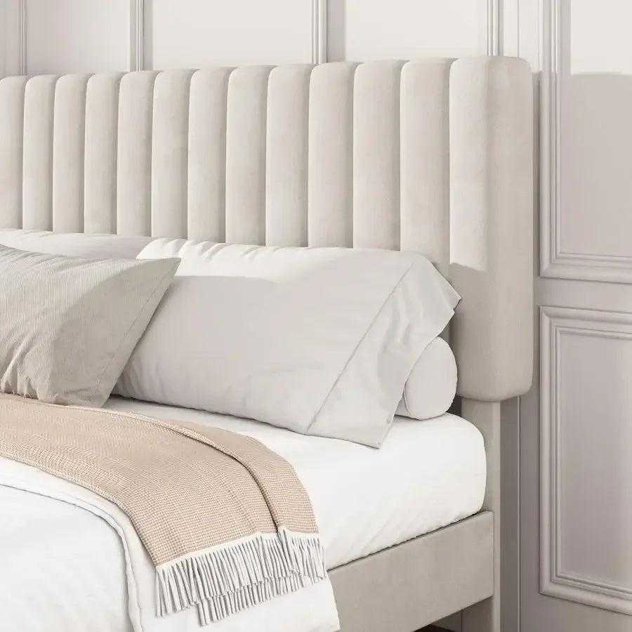 Velvet Platform Frame Vertical Tufted Headboard, No Box Spring Needed
