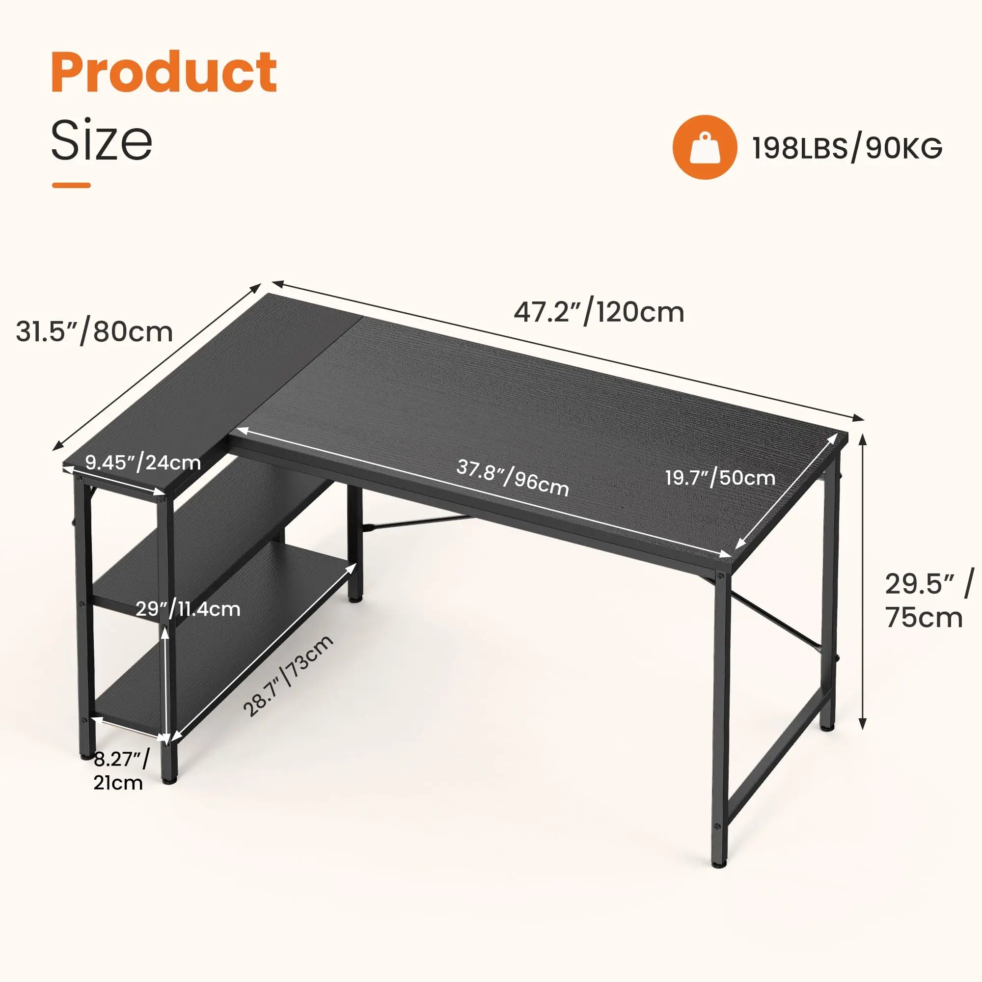 L-Shape Computer-Gaming Desk 47IN Corner Desks Reversible Shelves