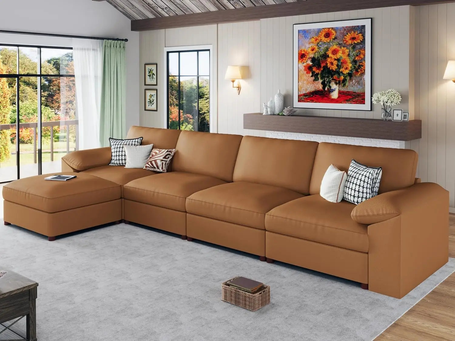 Oversized L-Shaped Leather Modular Sectional Sofa, Deep Seat