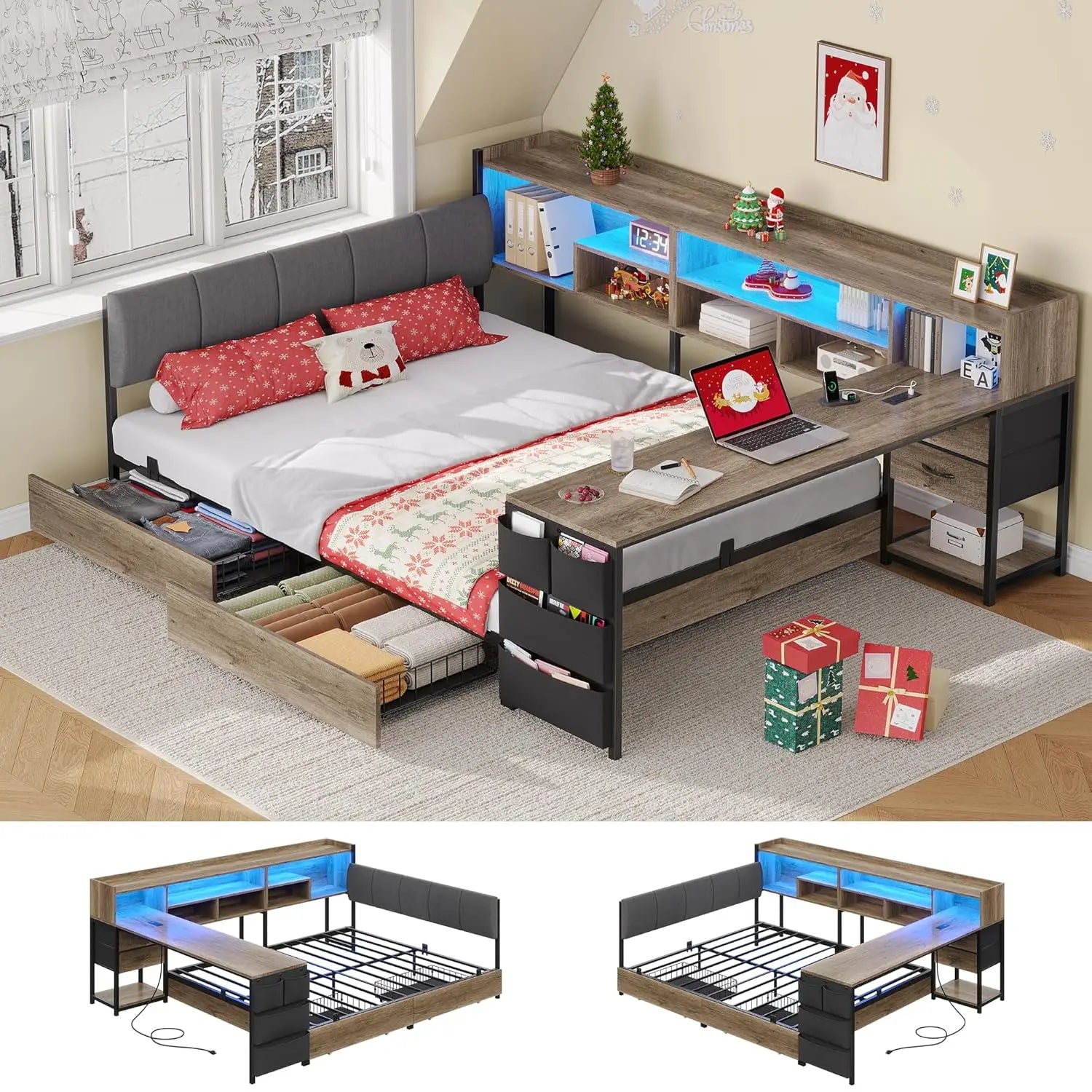Corner Bed Full Desk Headboard 4 Drawers 6 Shelves LED USB
