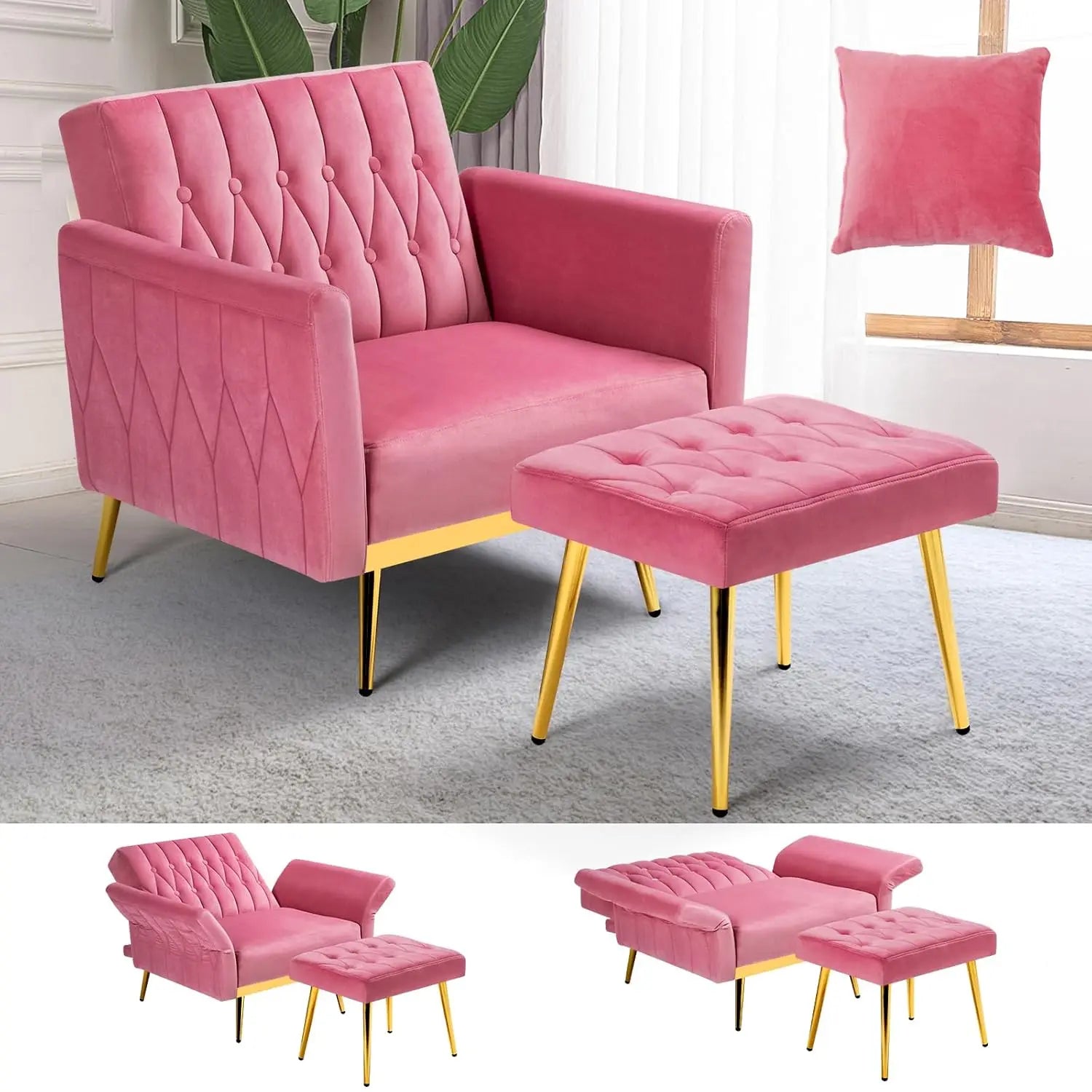 Velvet Recliner Chair Adjustable Armrests and Backrest, Button Tufted Chair