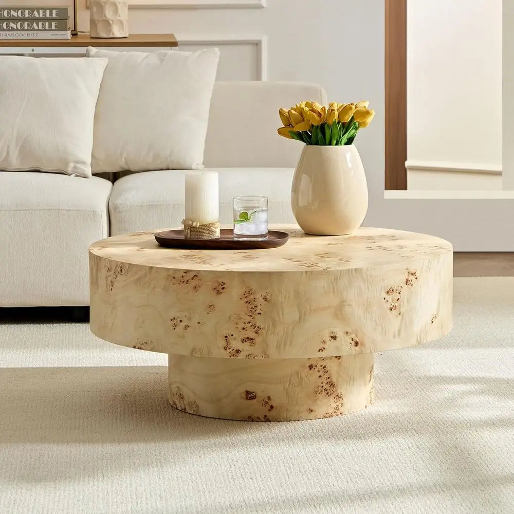 31.49" Burl Wood Veneer Circular Pedestal Coffee Table