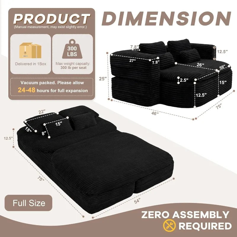 75'' Foldable Sleeper Sofa Bed, Memory Foam Boneless Couch 2-in-1