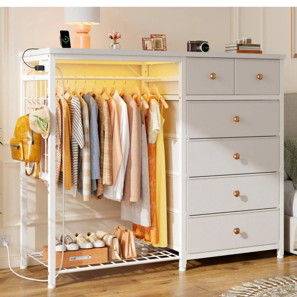 49.2" Dresser w/Hanging Rack, 6 Drawers, LED Lights , Charging Station, Fabric Dressers