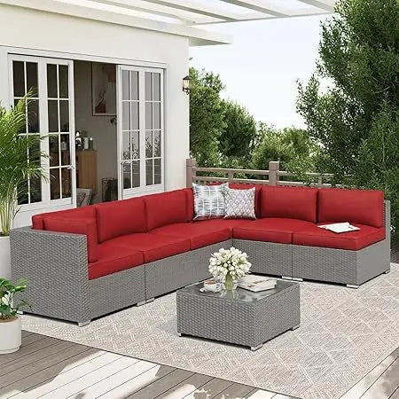 7-Piece Patio Sofa Black Rattan Wicker, Glass Top Table, Cushions