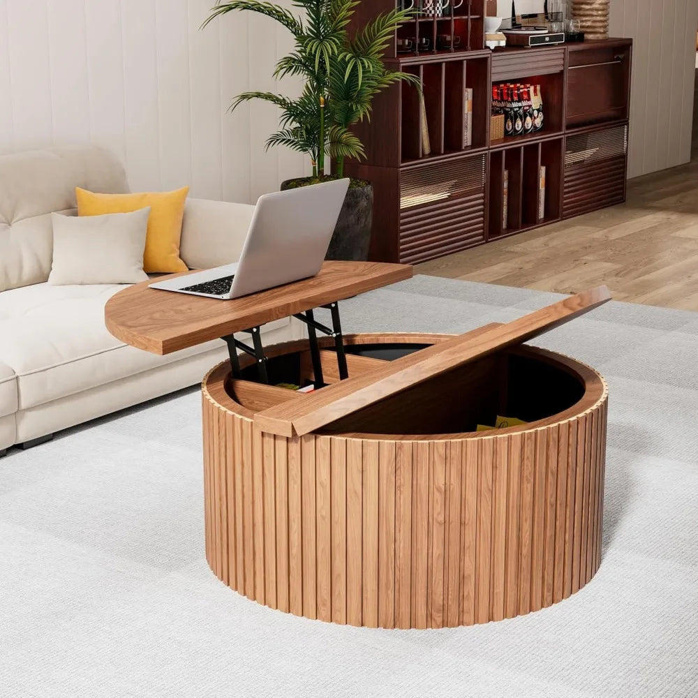 Fluted  31.6IN Round Lift Top Coffee Table with Hidden Storage