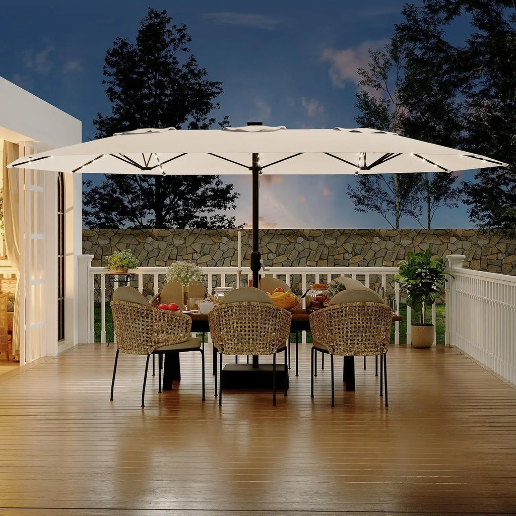 15Ft Rectangular Umbrella, Solar Lights 36 LED Lights, Base, Crank Handle