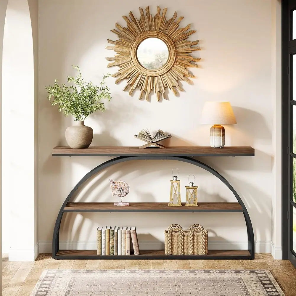 63-Inch Arched Table 3-Tier Shelf  Rustic Brown & Black