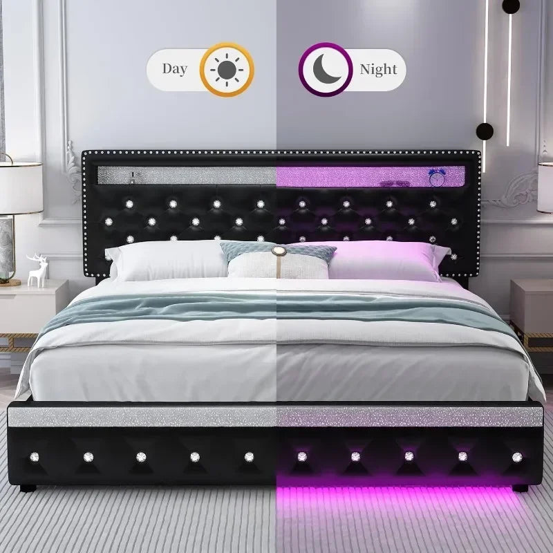 LED Platform Queen Size Bed Frame 2-Drawers Upholstered Design