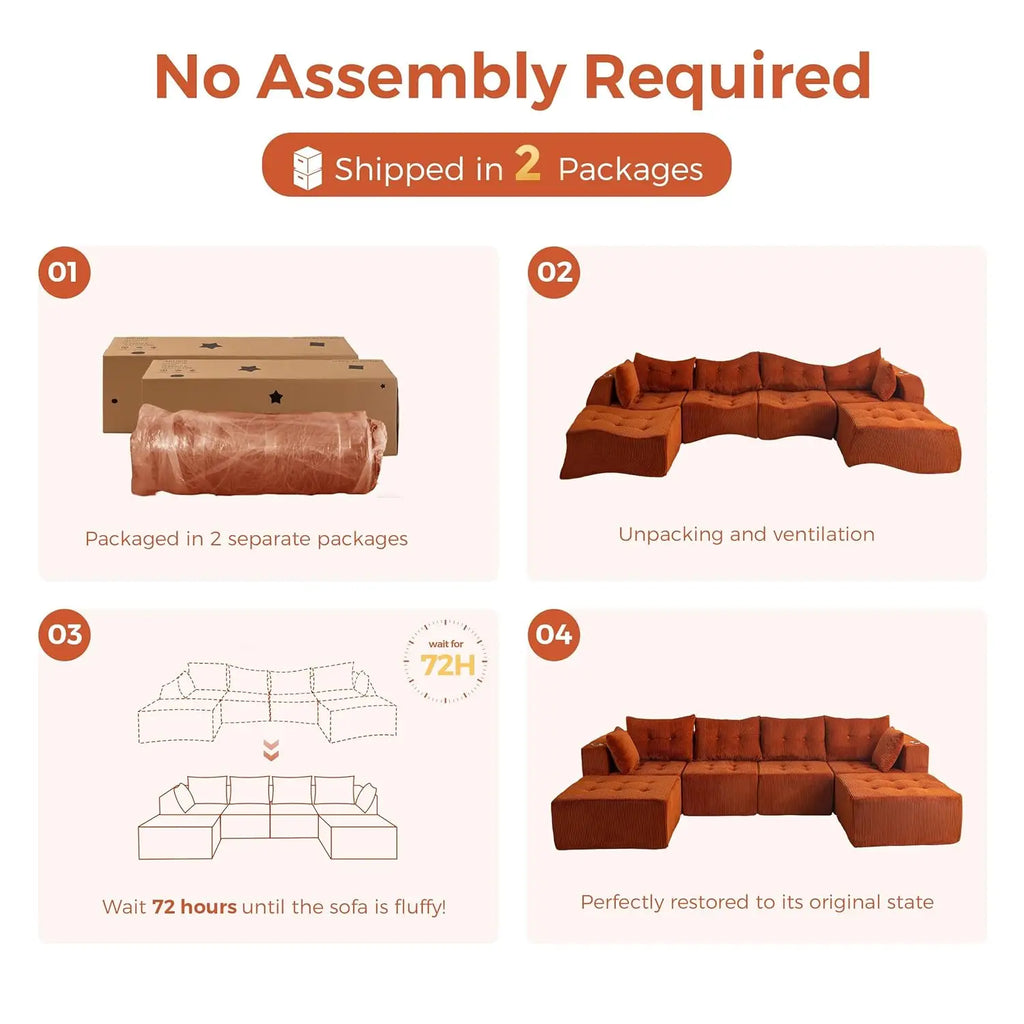 129.5" U Shaped Sectional, 2 Ottomans, Tufted Cloud 6 Seat Sleeper