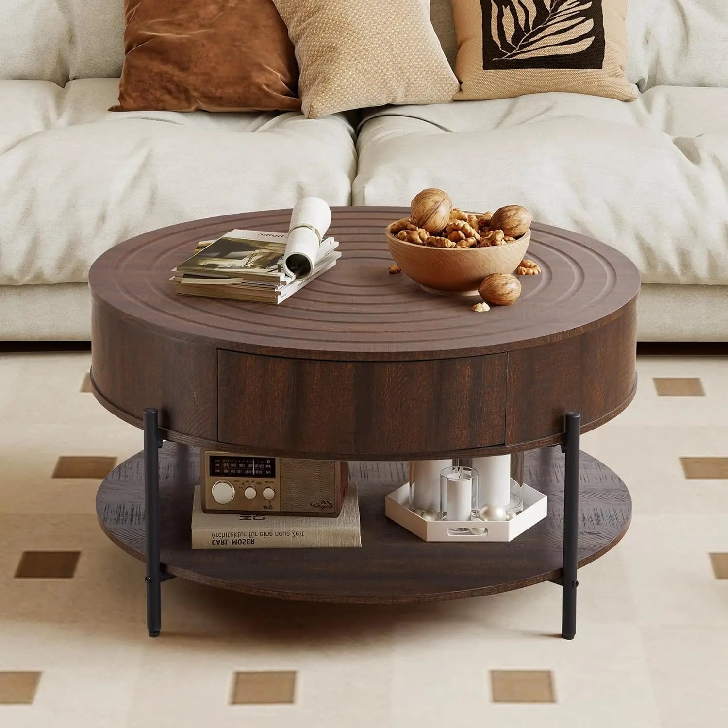 Round Coffee Table, 2-Drawer 2-Tier Rustic Wood Desktop Shelf