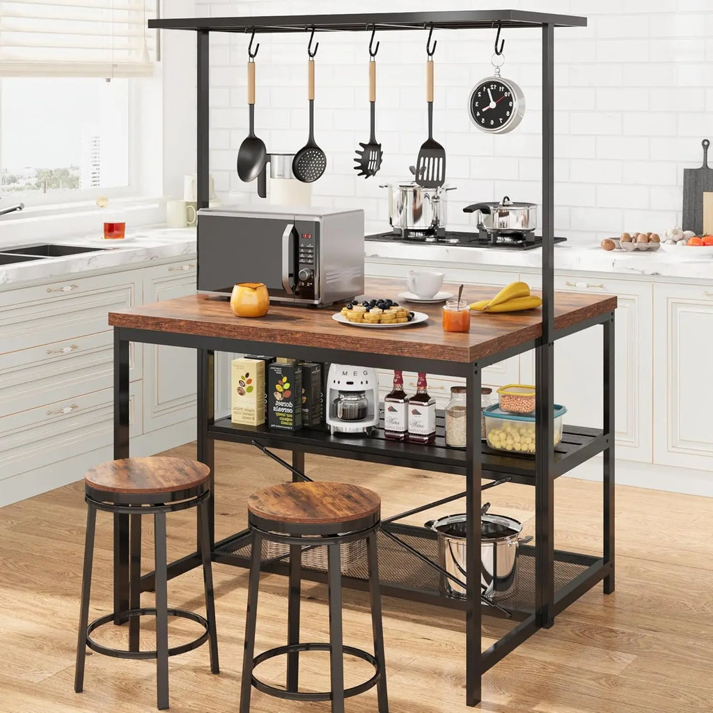 42" Island Storage Seating, 3-Tier Baker's Rack, Microwave Stand, Hooks 50lb Capacity