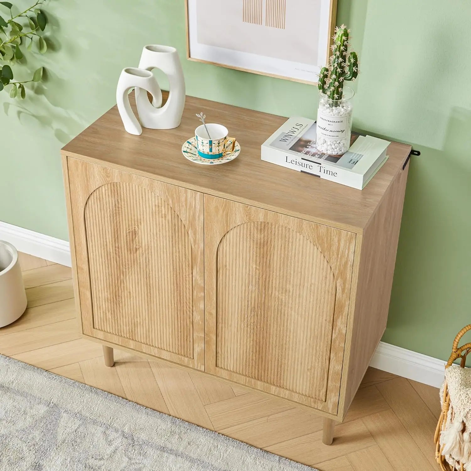 63" Fluted Buffet Cabinet Wood Arched Profile