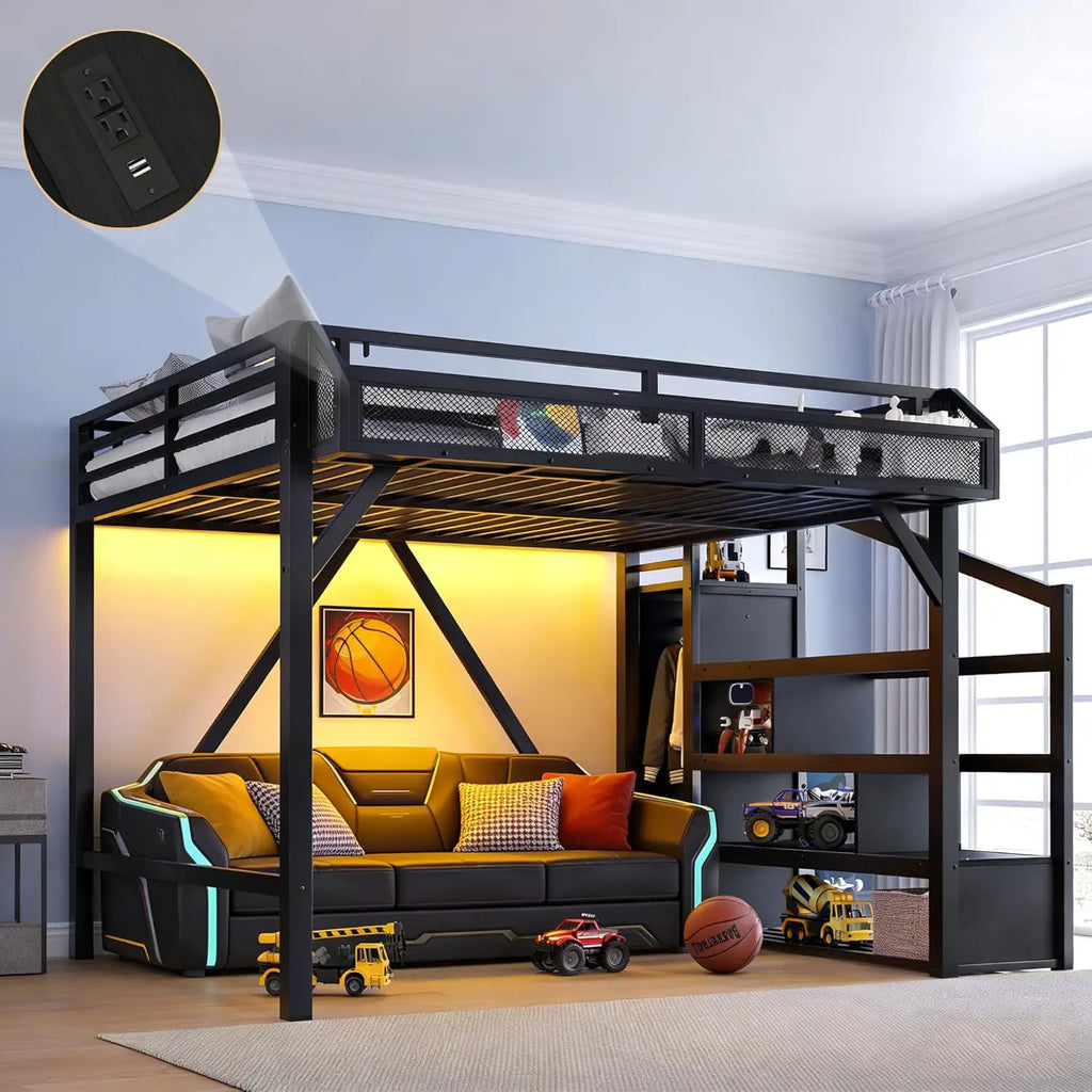 Metal Queen Size Heavy Duty Loft Bed, Stairs, Wardrobe, LED, Charging Station