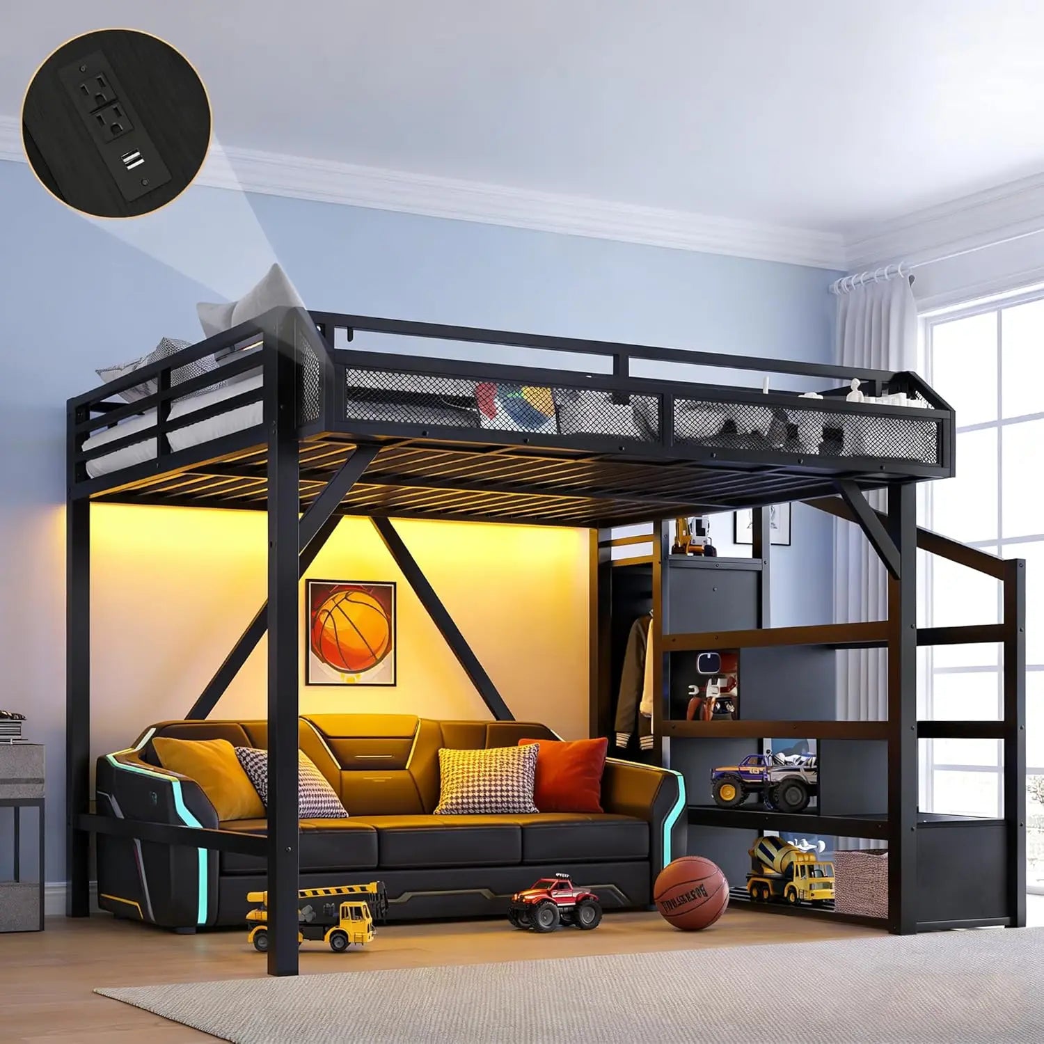 Metal Queen Size Heavy Duty Loft Bed, Stairs, Wardrobe, LED, Charging Station
