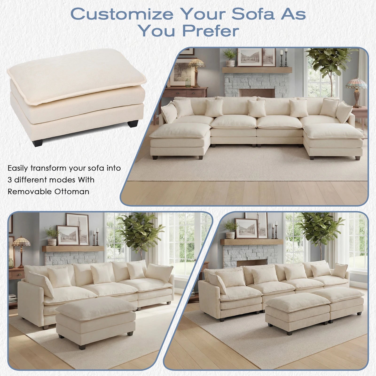 113.4" Sectional Sofa, Ottoman, Cloud Couch, Deep Seat (23.6" D)
