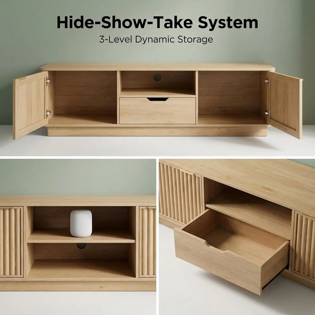 70IN Fluted TV Stand, With Storage Drawers And Adjustable Shelves, Wooden