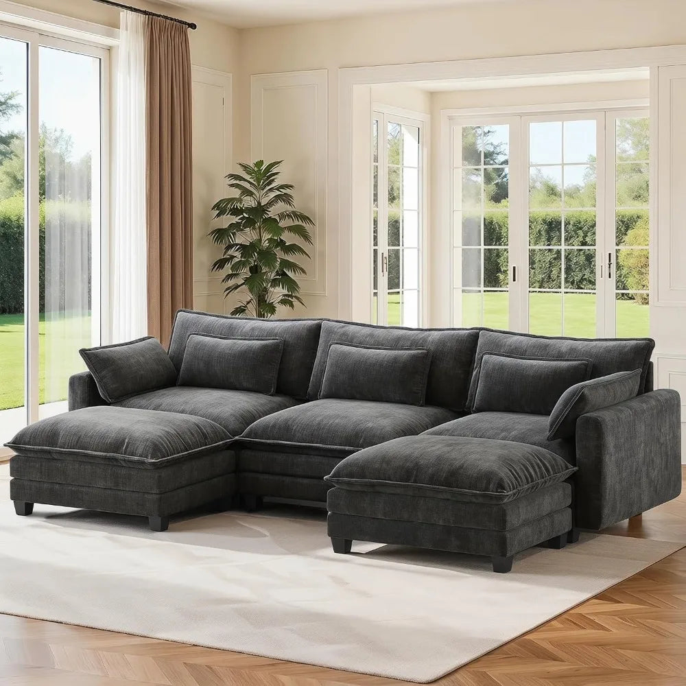 U-Shaped Modular Sectional, Movable Ottoman, 5-Seat Chenille Deep Seat Couch Pillows