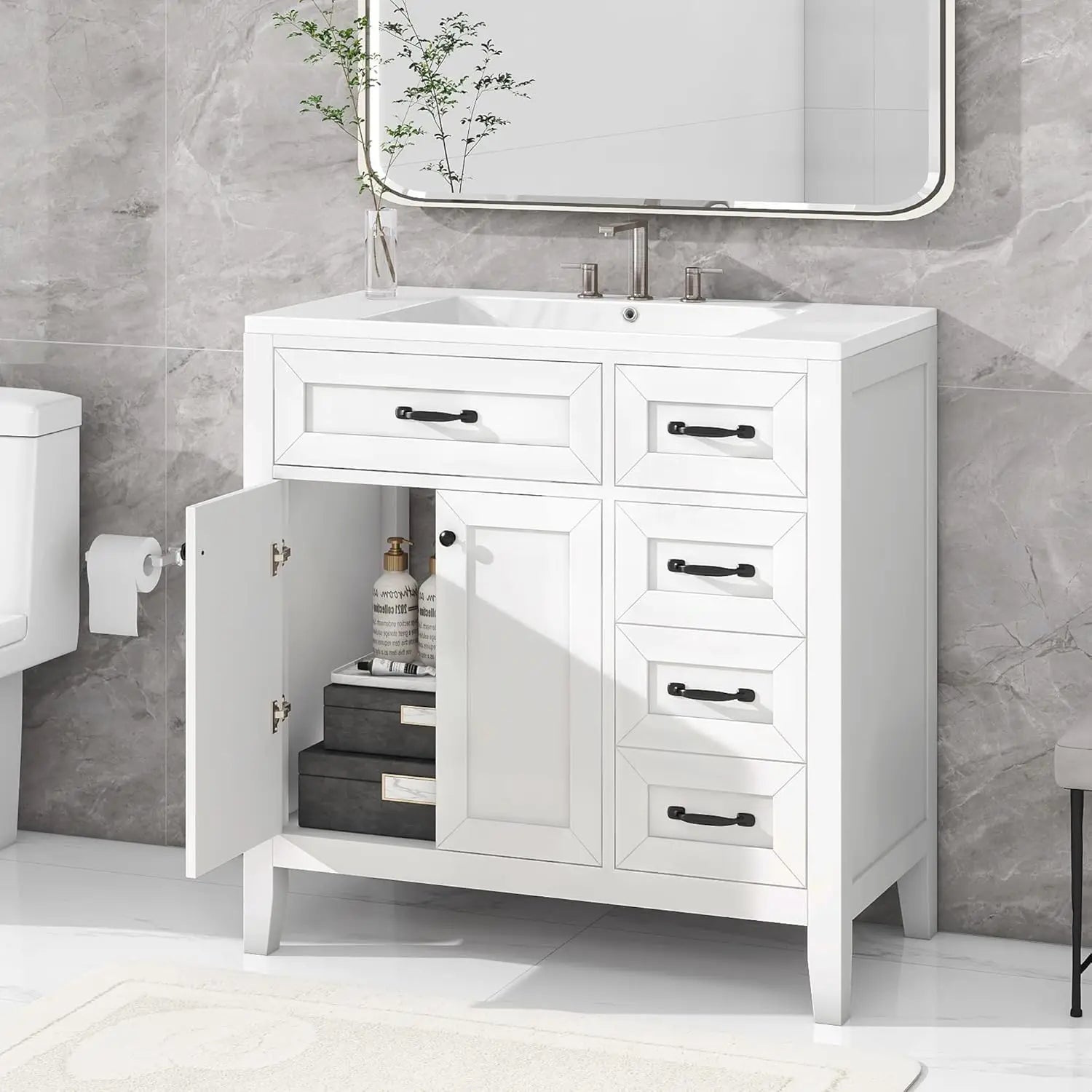 36in Wood Bathroom Vanity/Sink, 3 Drawer Storage Adjustable Shelf.