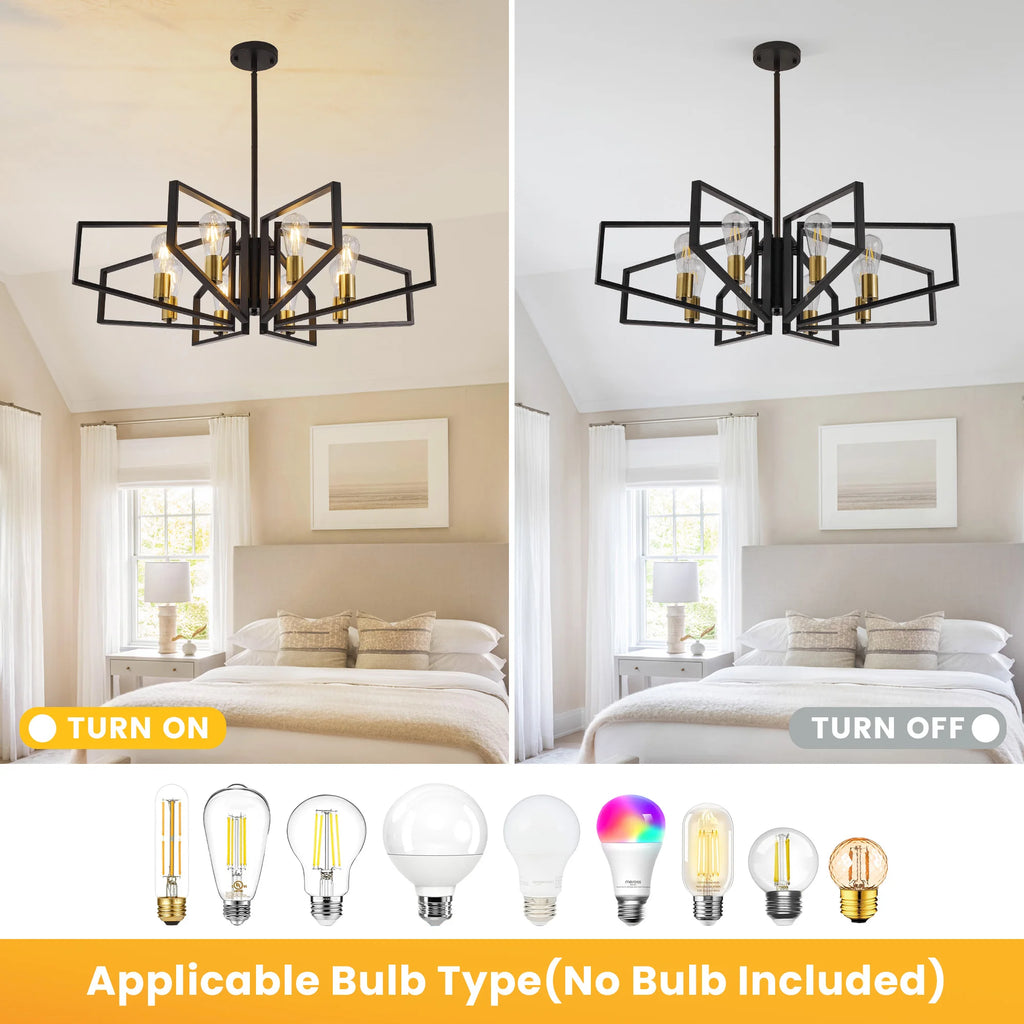 8-Light Chandelier, Adjustable Height, Black Frame, Golden Accents.