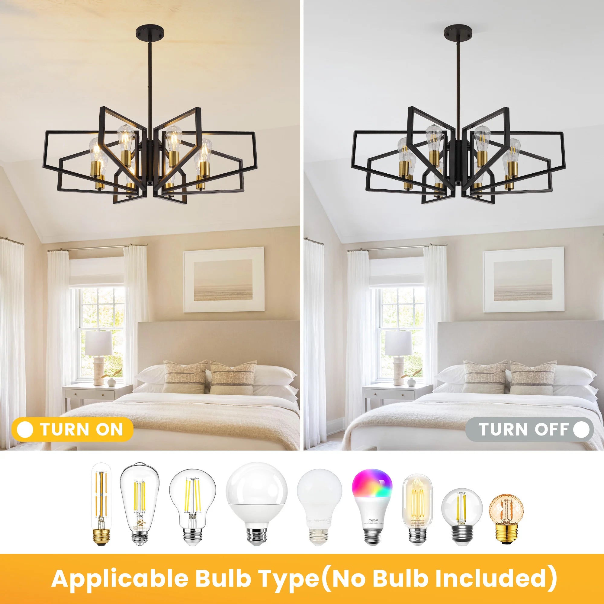 8-Light Chandelier, Adjustable Height, Black Frame, Golden Accents.