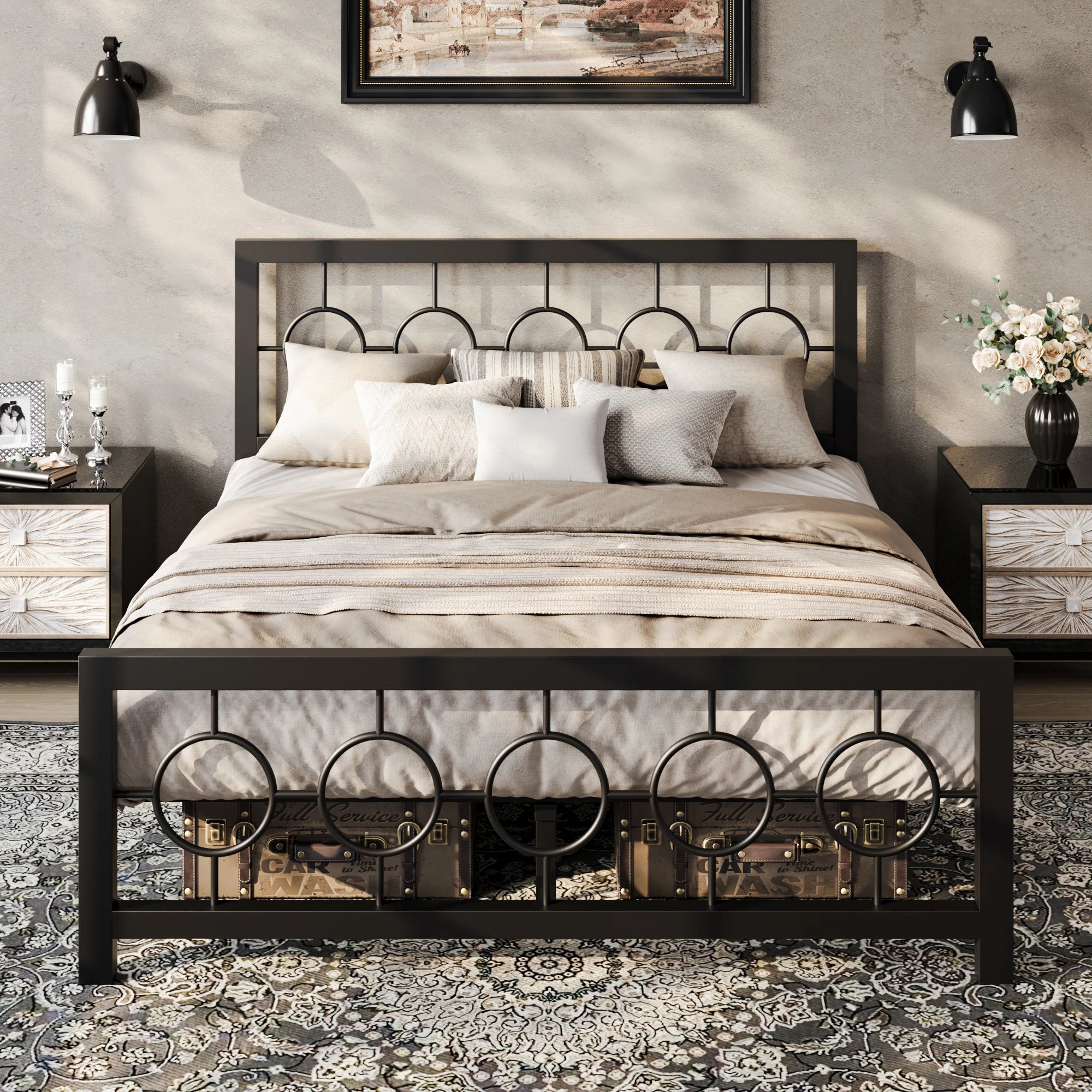 Metal Platform Frame, Circular Design Headboard/Footboard, Under Bed Storage
