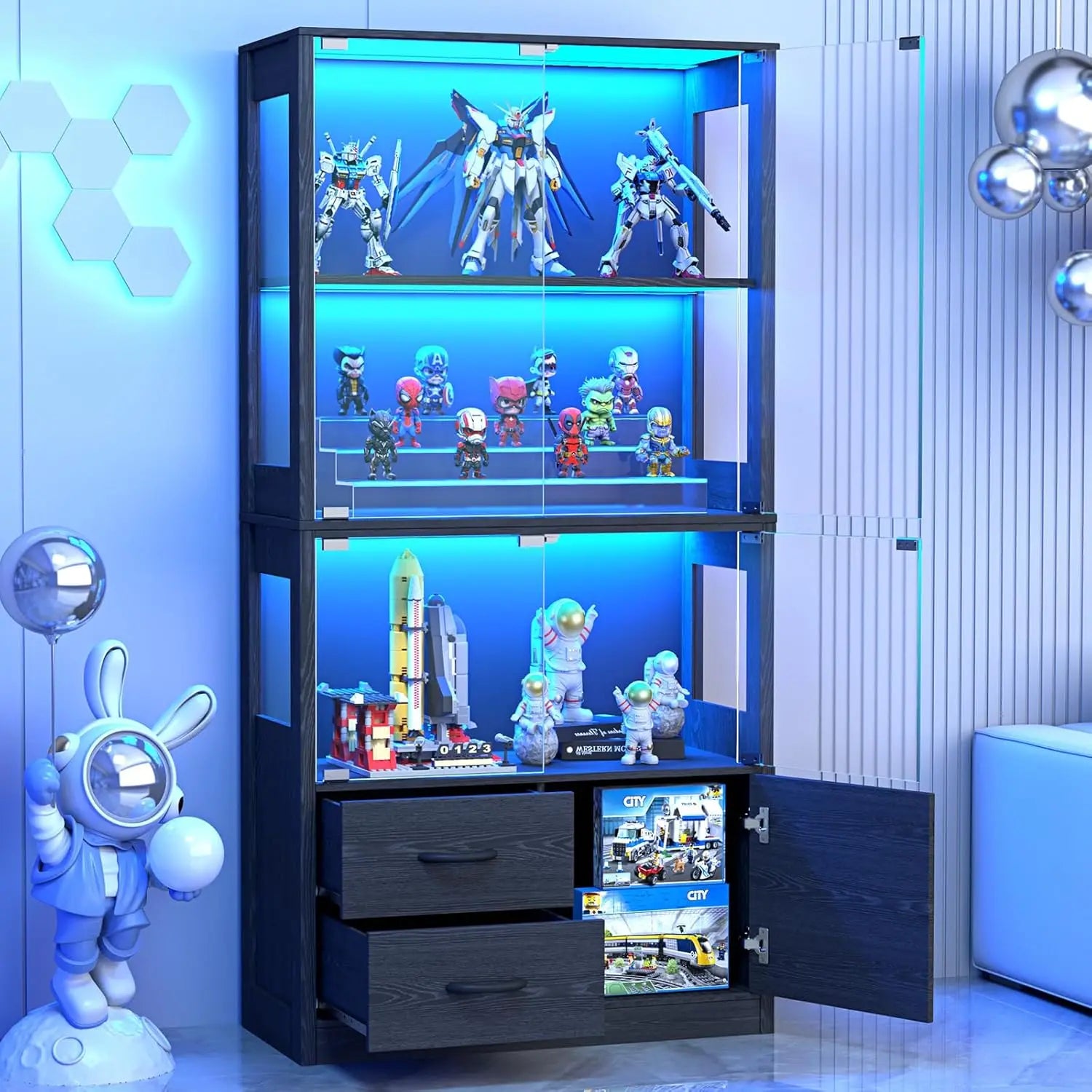 Display Glass Doors, 4-Tier Display 3-Color Lights, Human Body Sensor