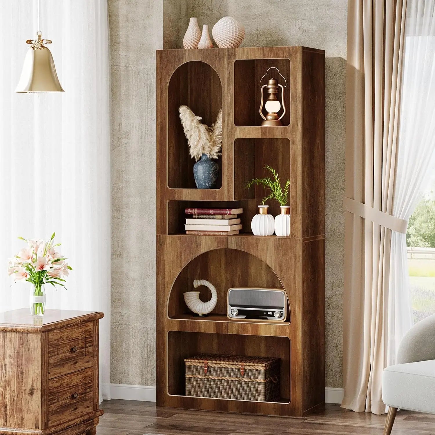70.87" Tall Geometric Bookshelf, White Arched Bookcase, 5 Irregular Shelves