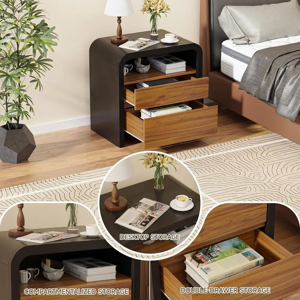 24IN Nightstand, Curved Anti-Collision Design 2 Storage