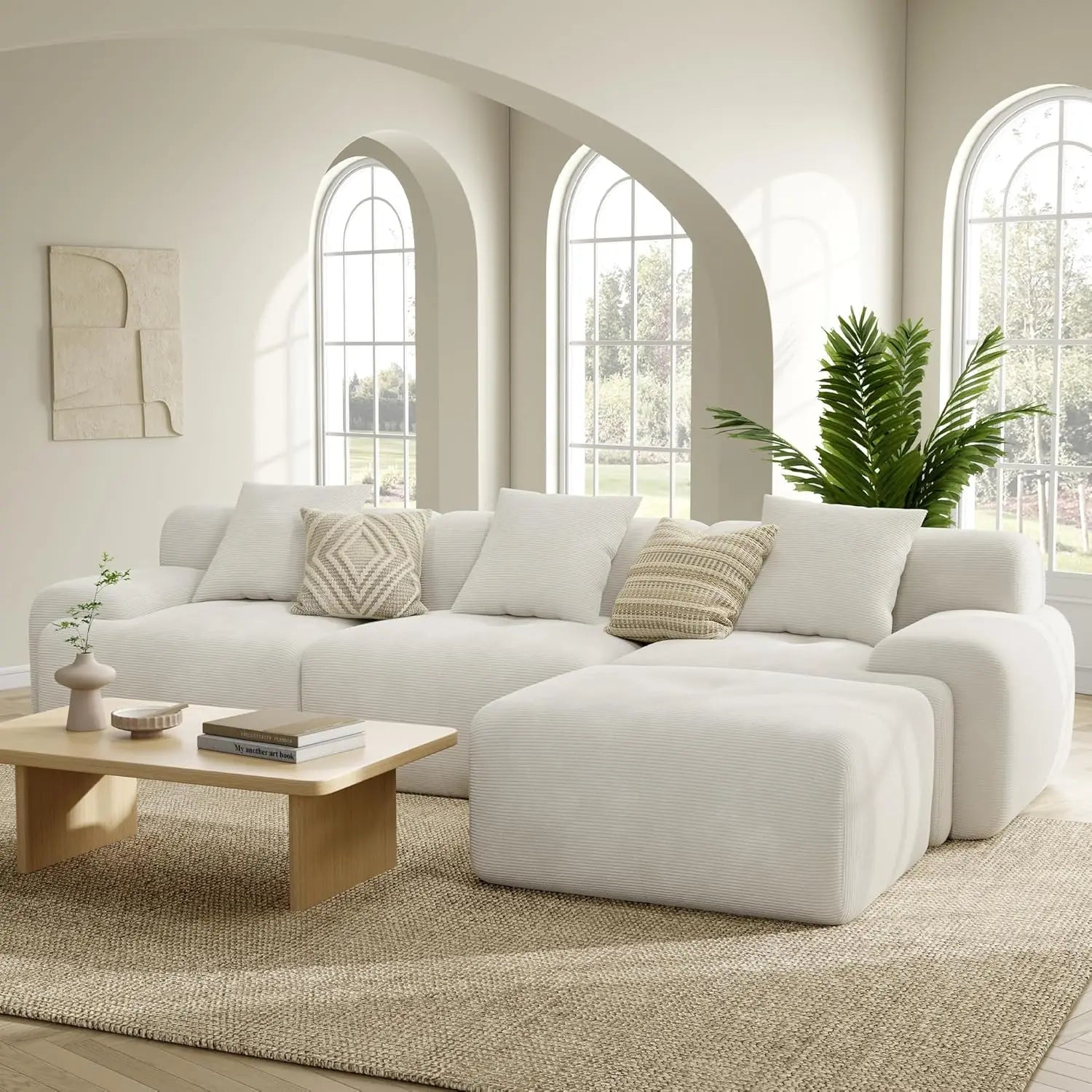 Sectional Sofa Ottoman 118"  L-Shaped Corduroy Deep Seat Oversized