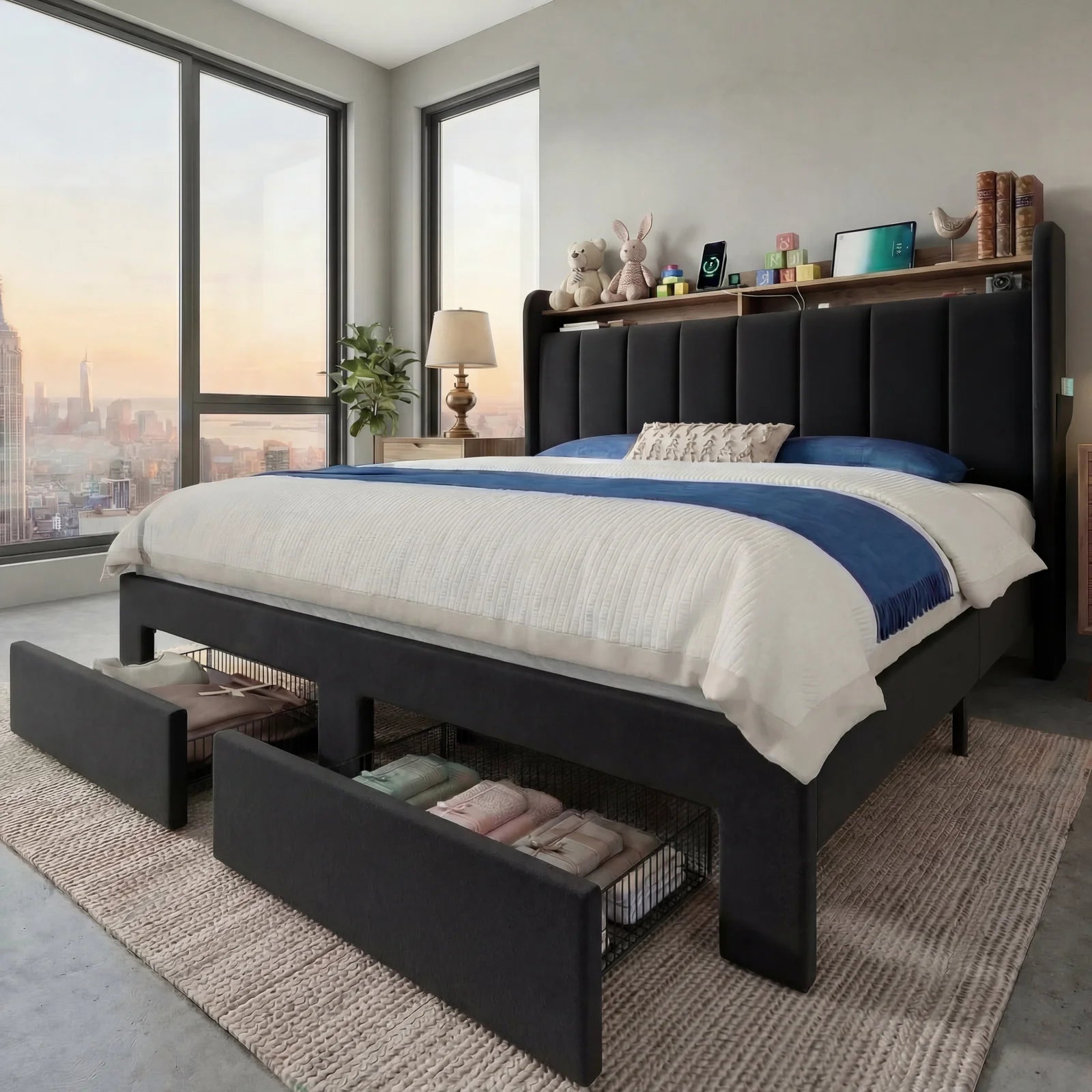 Full/Queen/King Bed Frame, 2-Drawer/2-Tier Shelves LED Lights, Charging Station, No Box Spring