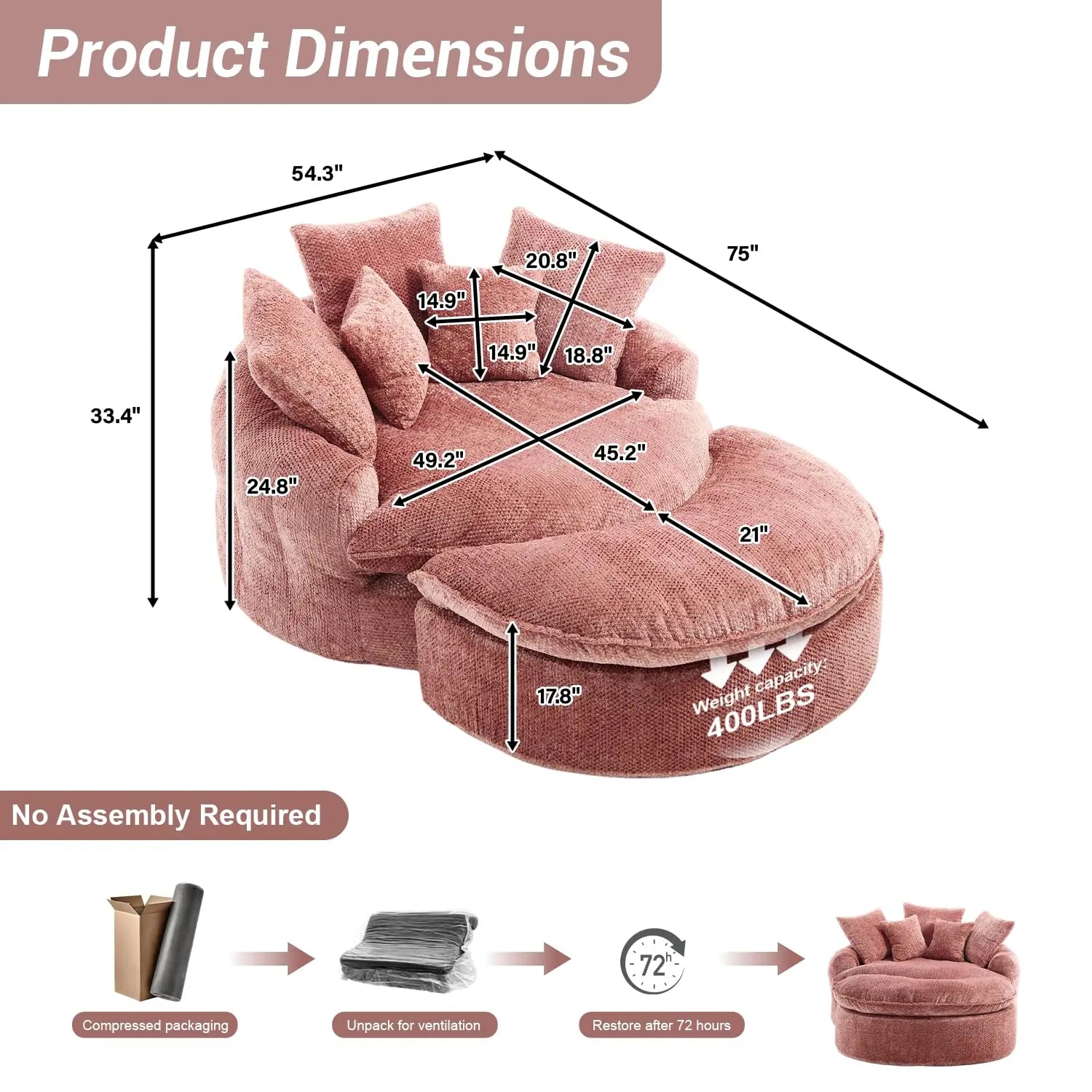 54IN Chenille Chaise Lounge Bean Bag Sofa Bed Oversized and Plush