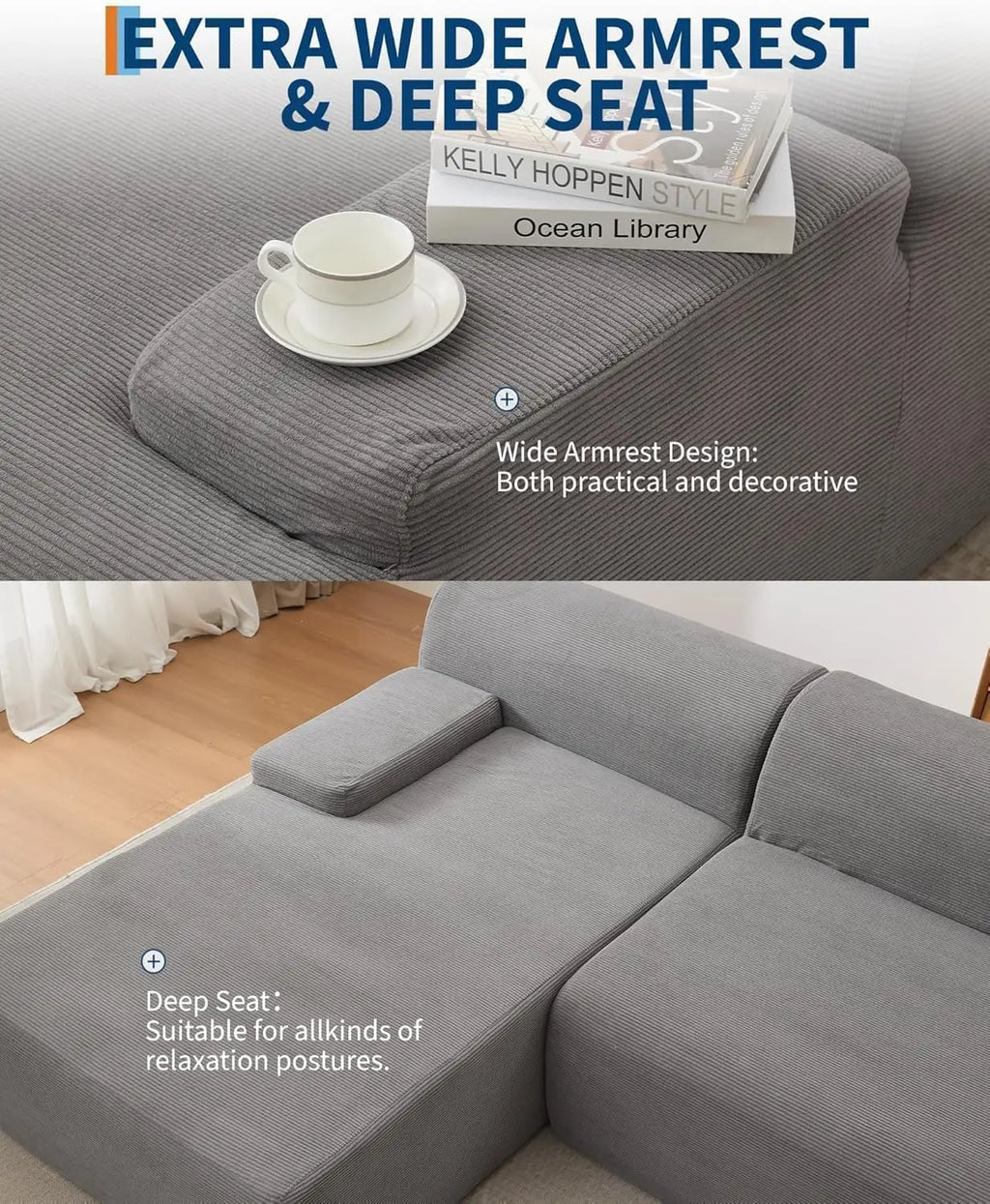 108"  Boneless Corduroy Cloud Sectional Sofa, Left-Facing Chaise, Soft Deep Lounger